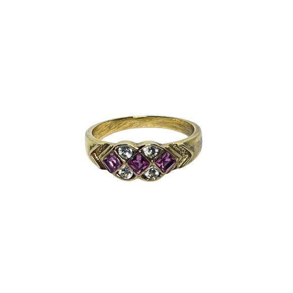 Vintage Gold Tone Band Ring With Pink And Clear Rhinestones (R389) - Picture 6 of 7